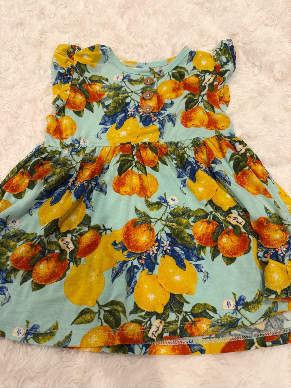 Posh Peanut Yellow & Blue Citrus Print Ruffle Sleeve Dress